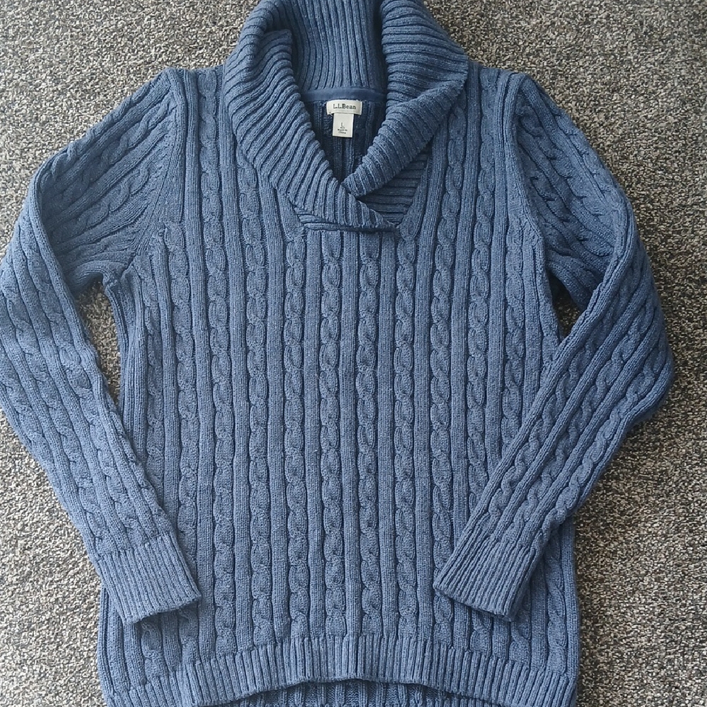 L.L. Bean Women's Blue Cable-Knit Shawl Collar Sweater